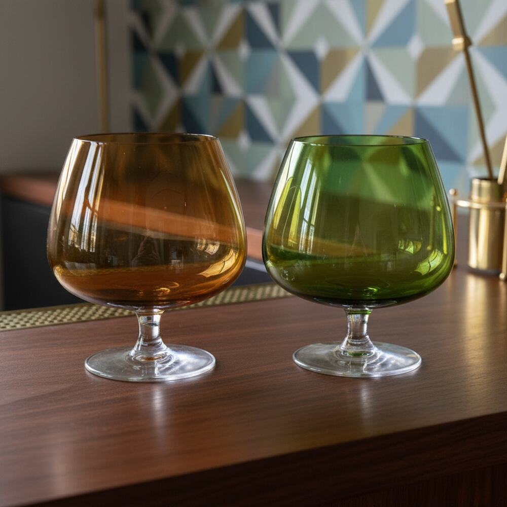 Oversized Amber & Green Brandy Snifters-Pair-MidCentury Art Glass Barware-Cognac
